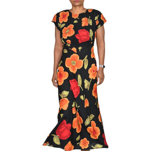 Jeffrey Dara Vintage Floral Maxi Dress Black Floral Flower Rayon Column 8 Medium